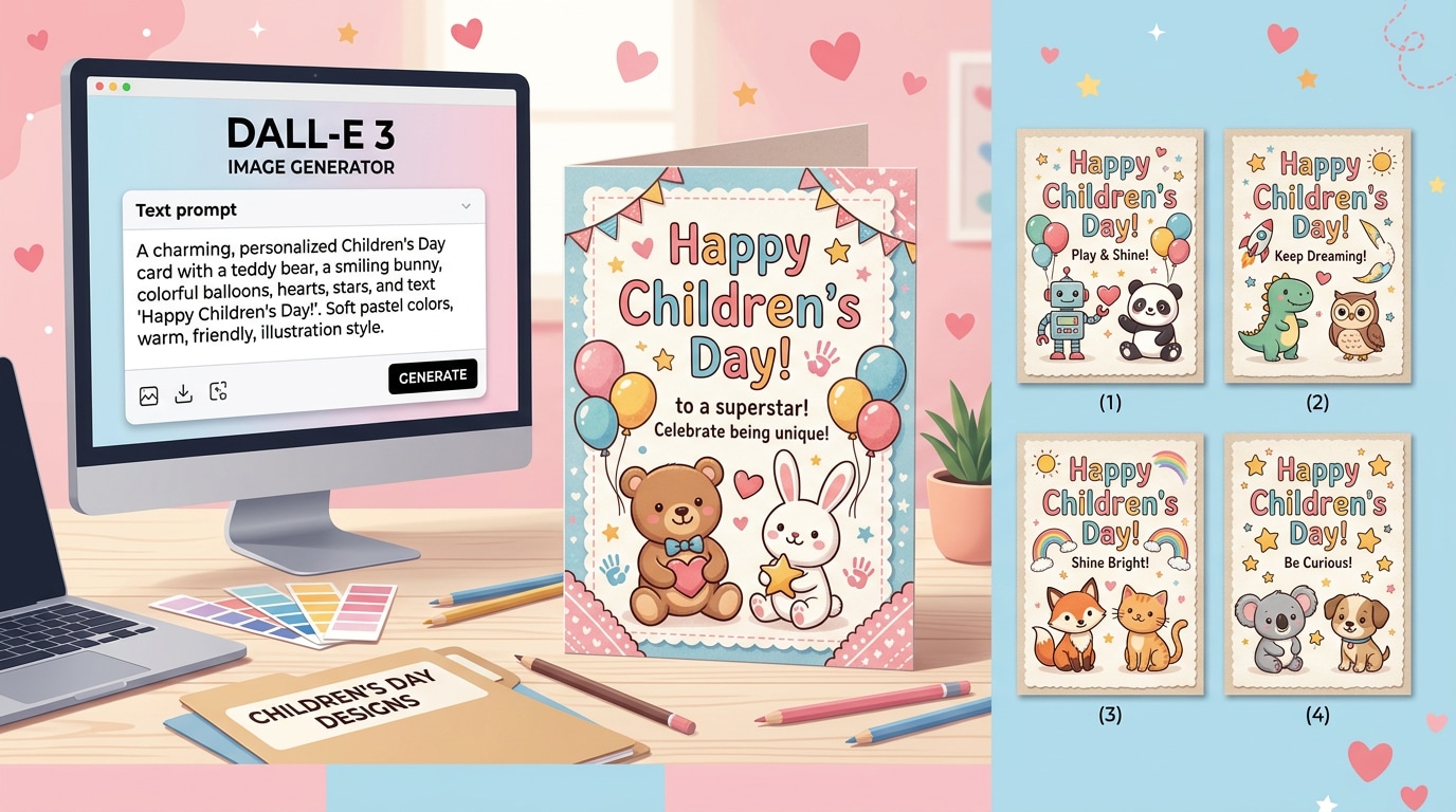 Design greeting cards with a dall-e children's day prompt