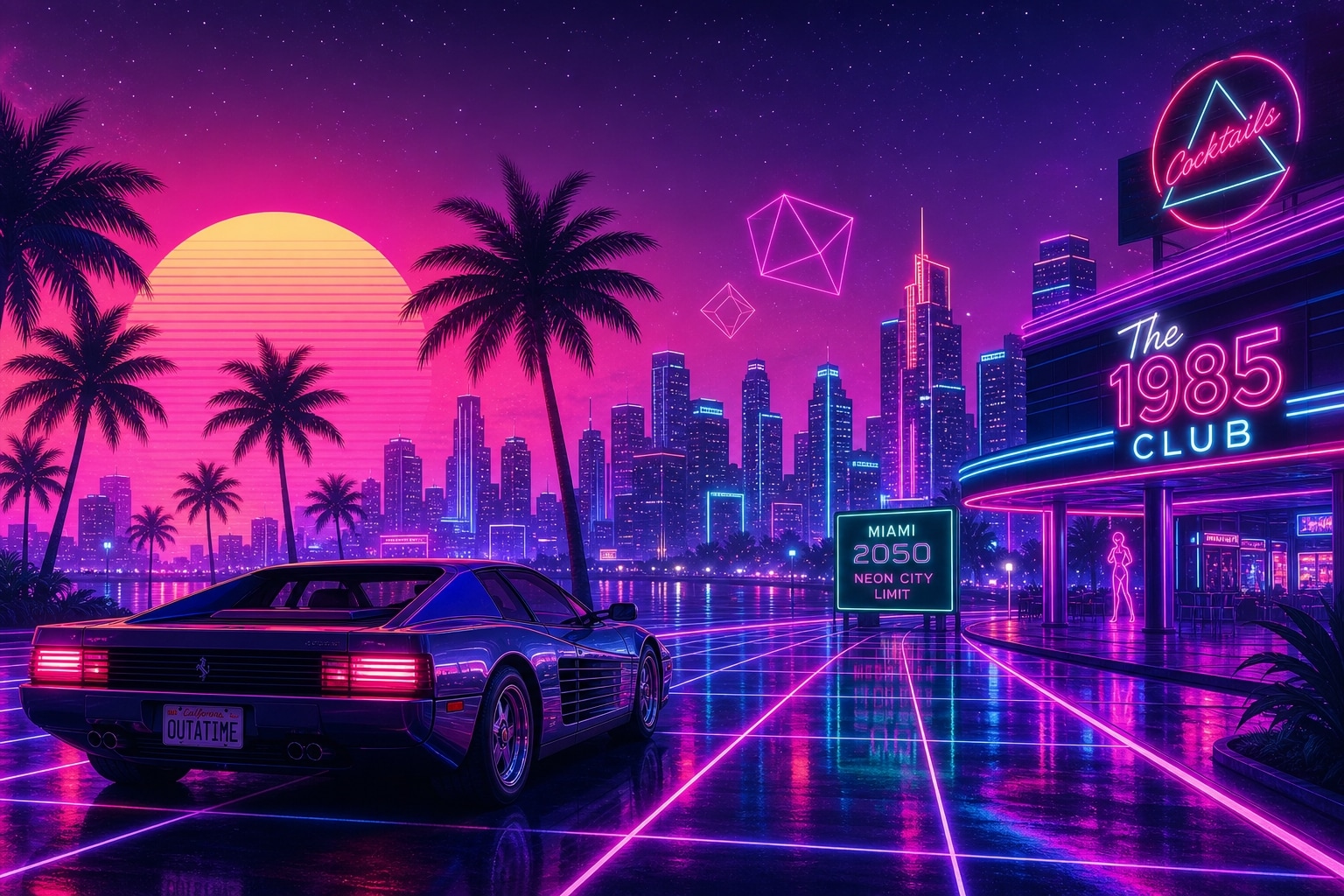Retro synthwave night city image prompts