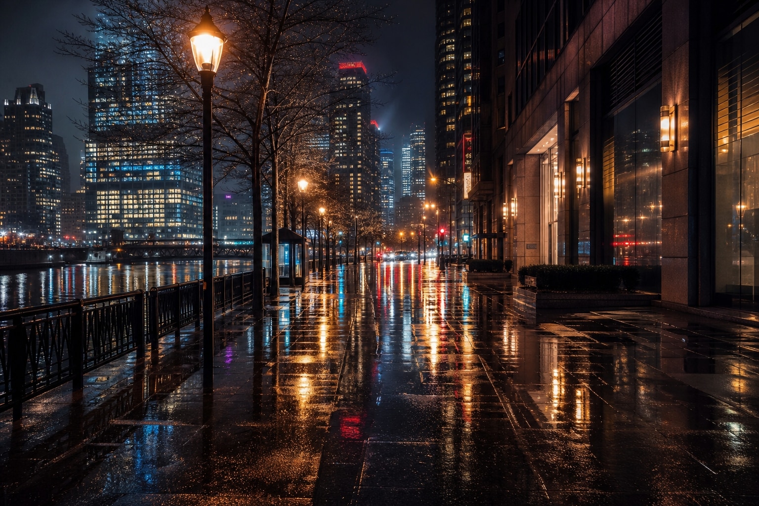 Moody urban night photography prompts and reflections