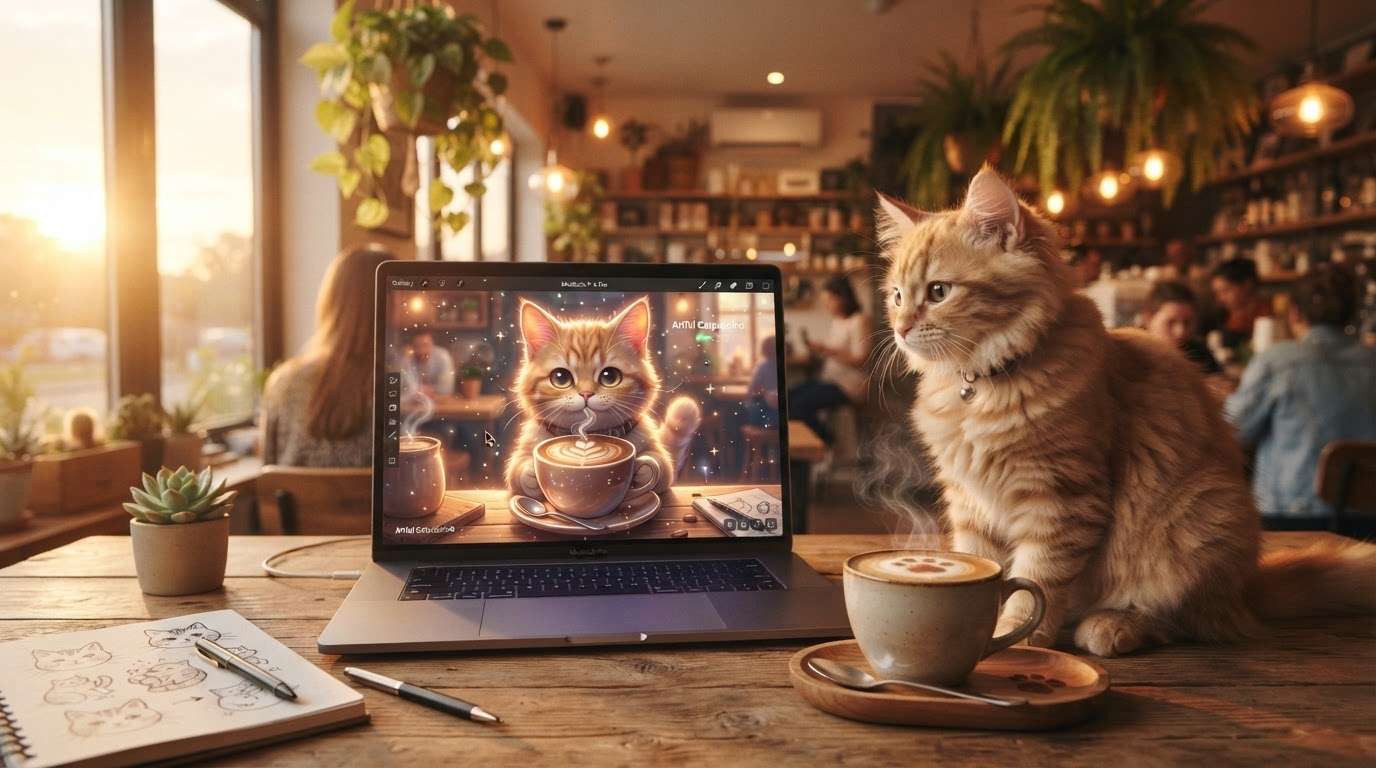 Craft cute cat drink coffee AI images