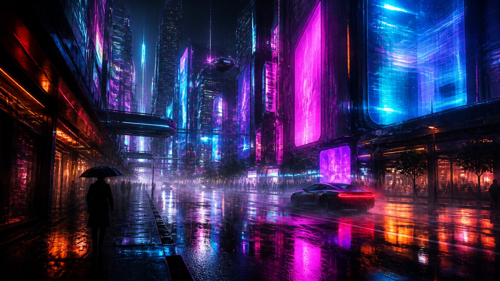 Filmora AI image generator creating neon cyberpunk city art