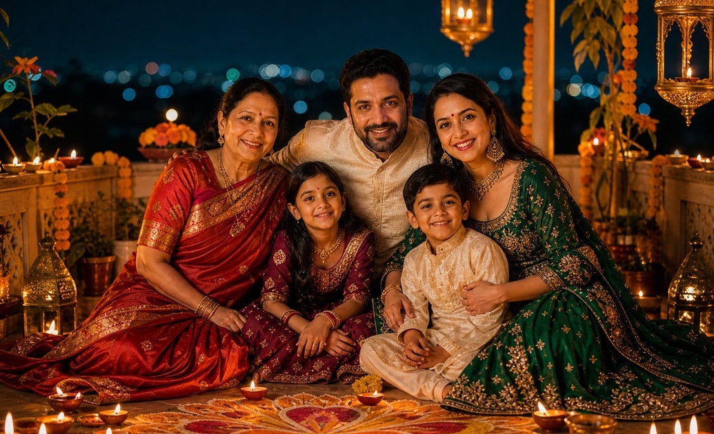 Generate flawless festive portraits with a diwali family prompt
