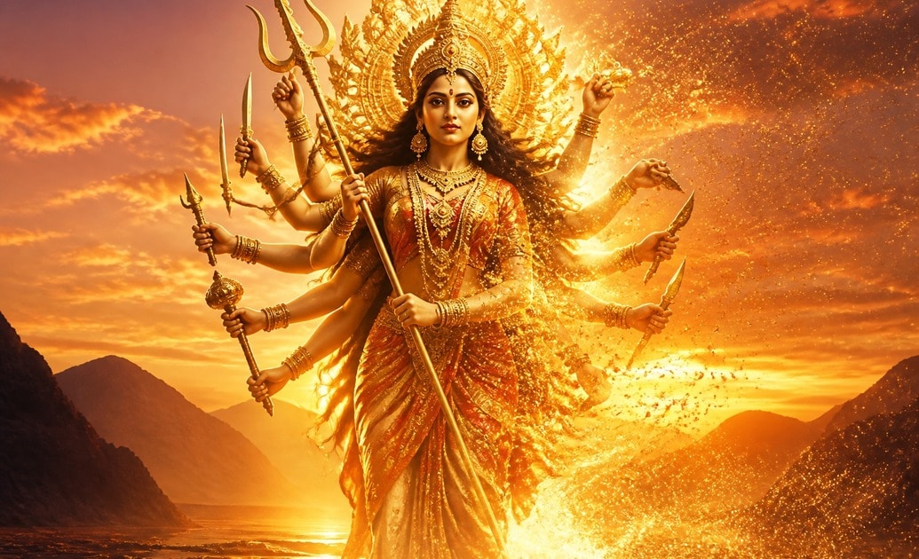 Generate divine visuals using the durga maa in sky prompt