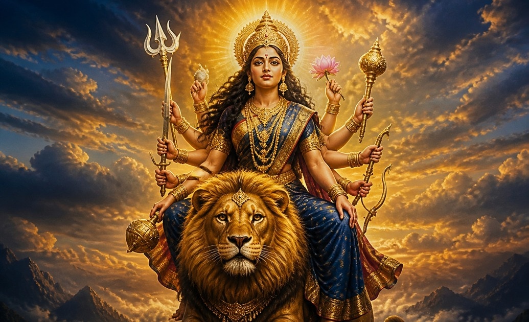 Use AI cutout for your durga maa in sky photo editing prompt