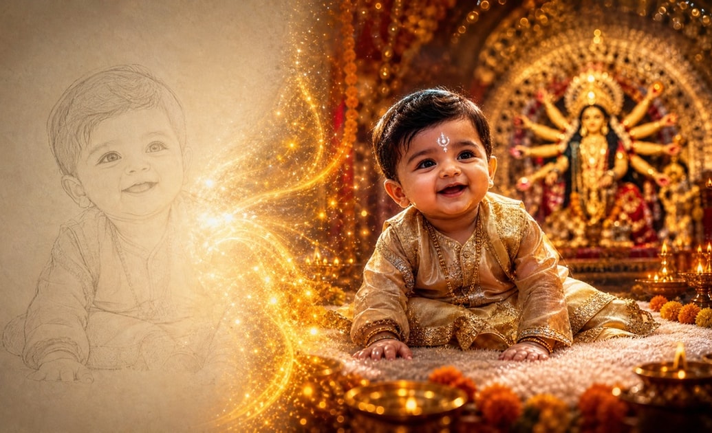Transform ideas into Durga Puja children photo prompt masterpieces
