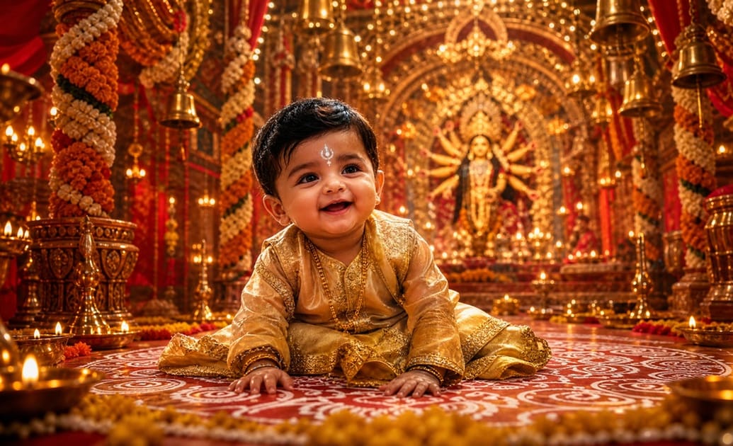 Craft custom Kolkata pandal baby prompt visuals