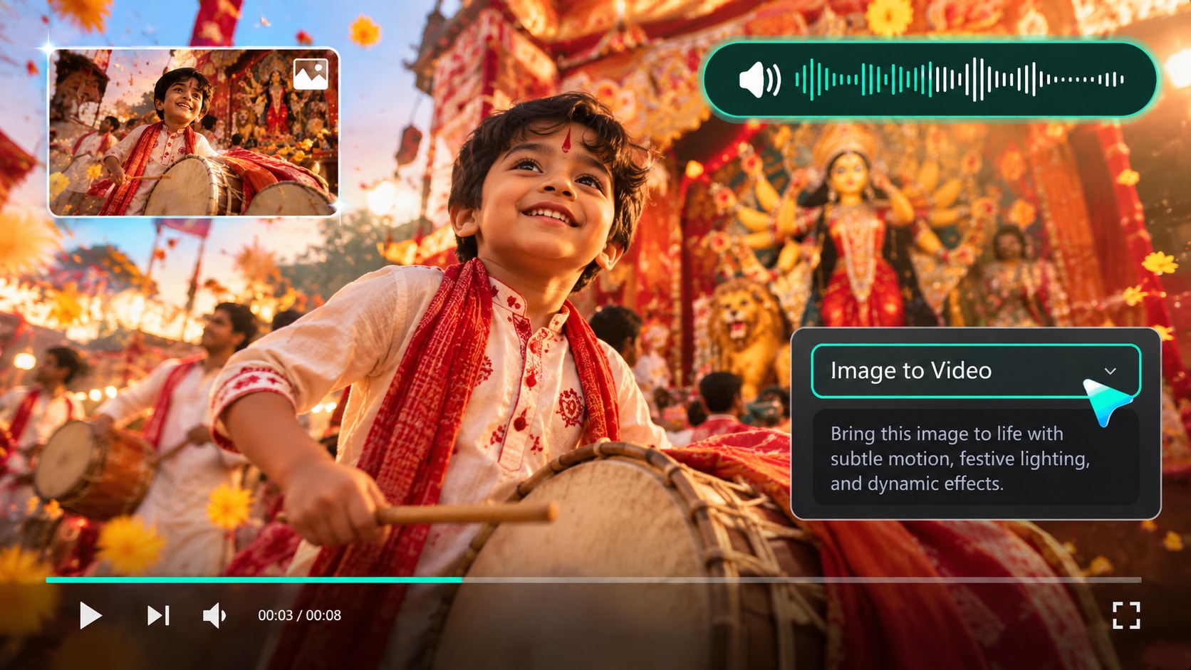 Transform static durga puja images into dynamic videos