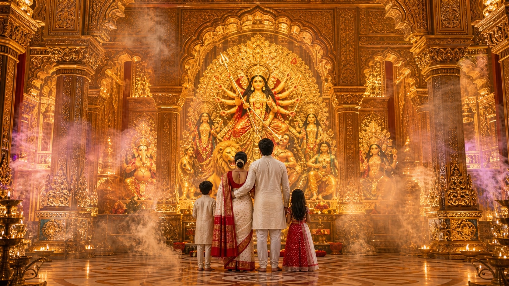 Create breathtaking pandal backgrounds with Goddess Durga family prompt