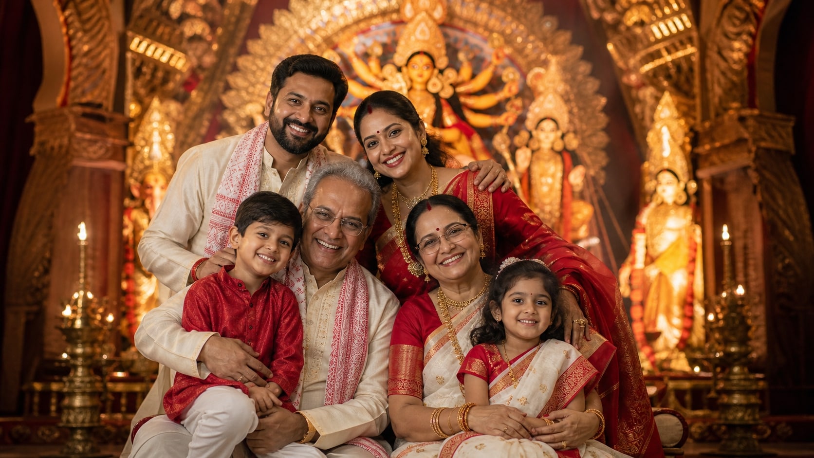Generate traditional outfits with a Durga Puja family portrait prompt