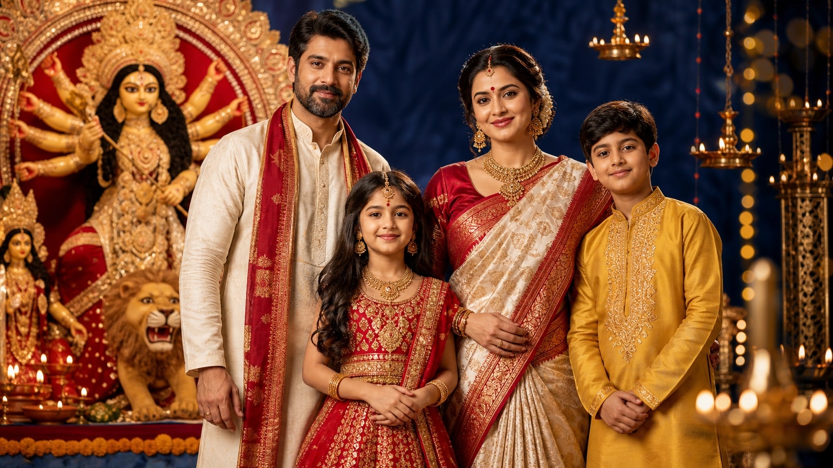 Create multi-generational images with a Durga Puja parents kids prompt