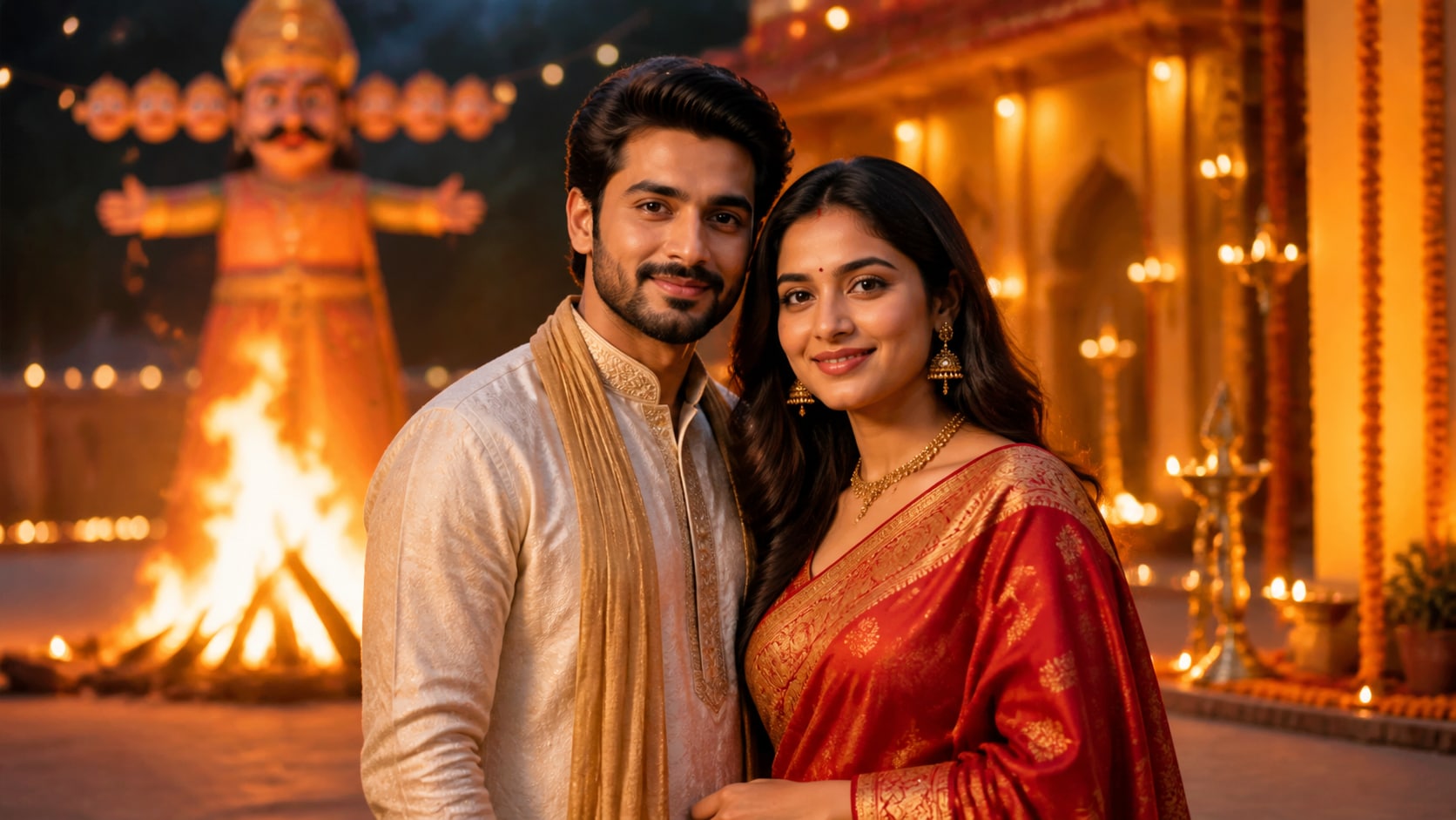 Filmora AI image generator creating Dussehra couple prompt visuals