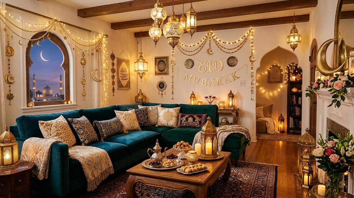 AI generated Eid al-Adha decor with lanterns and a mosque