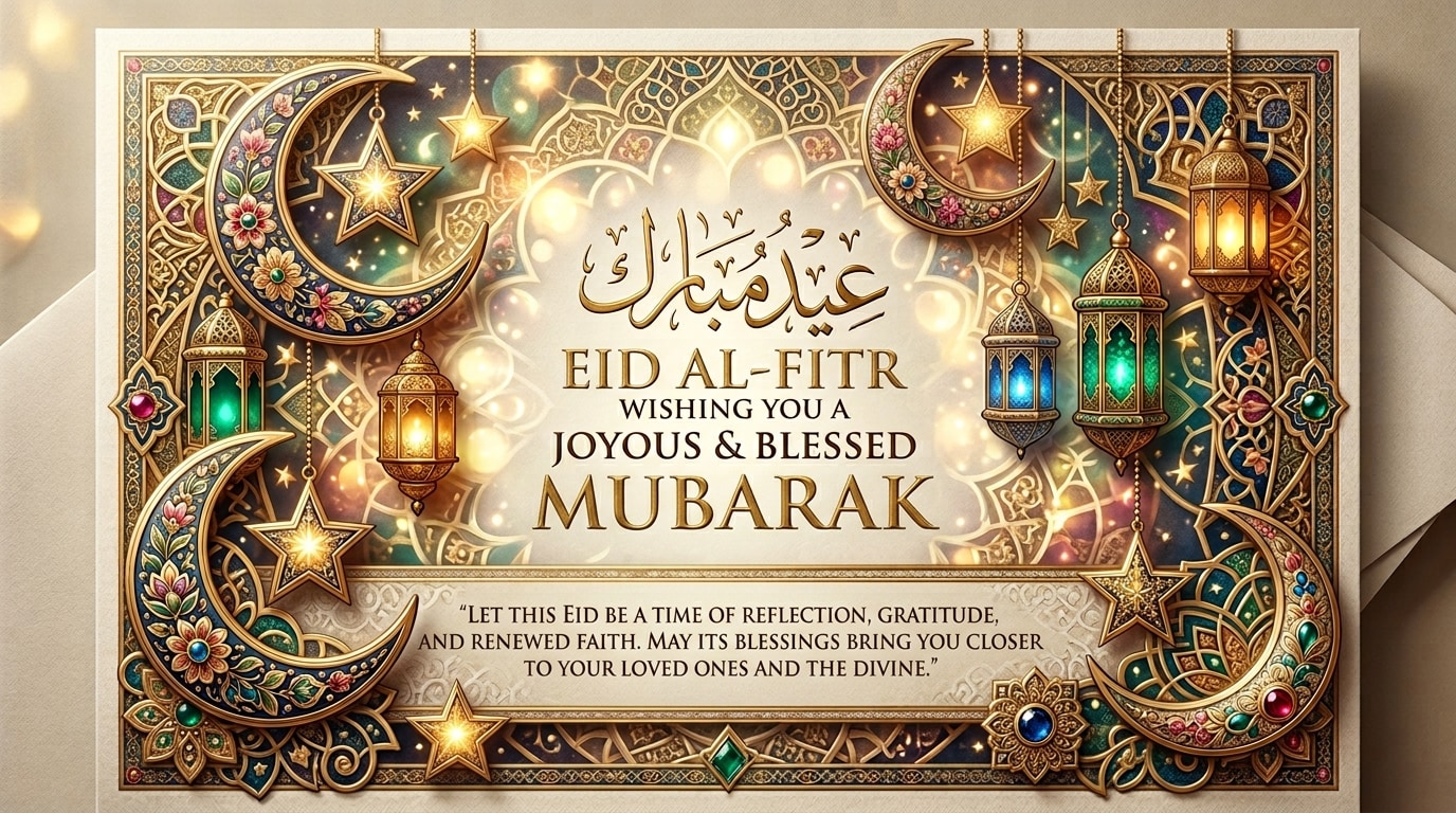Eid greeting decorated with festive stickers and overlays