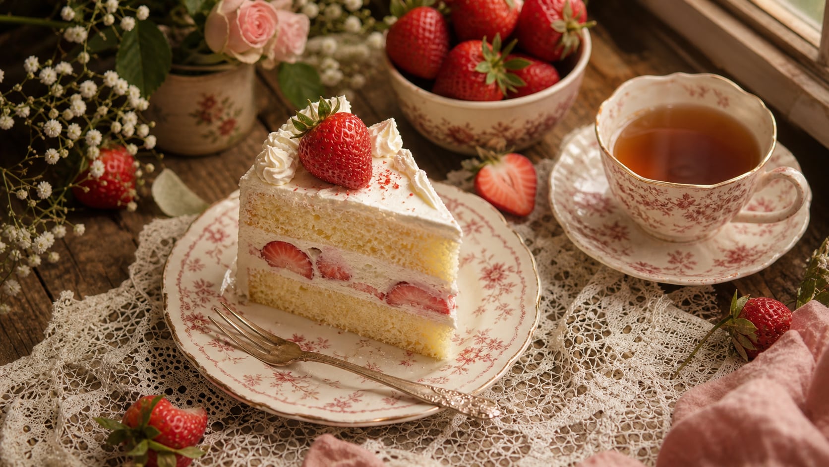 vintage strawberry cake flat lay prompt feature image