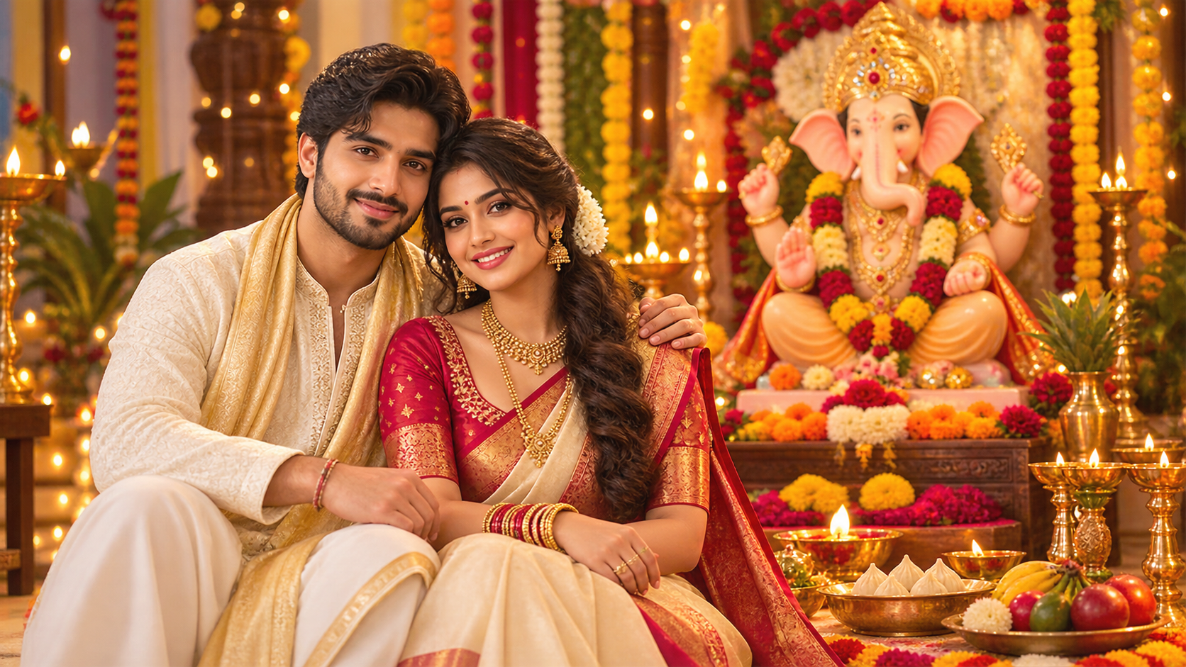 Filmora AI image generator creating Ganesh Chaturthi couple prompt visuals
