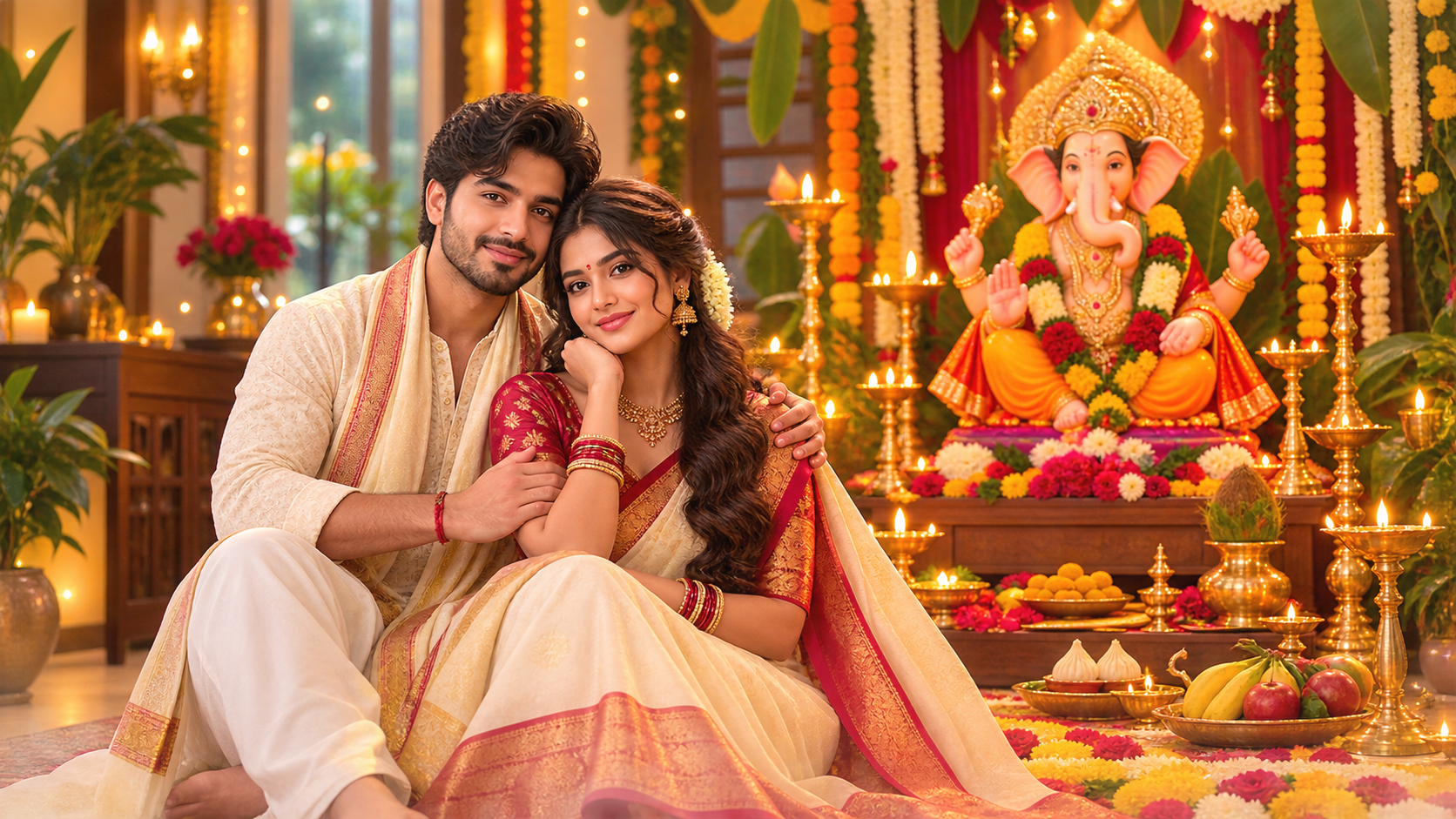Nano Banana model creating Ganesh Chaturthi couple prompt style variants