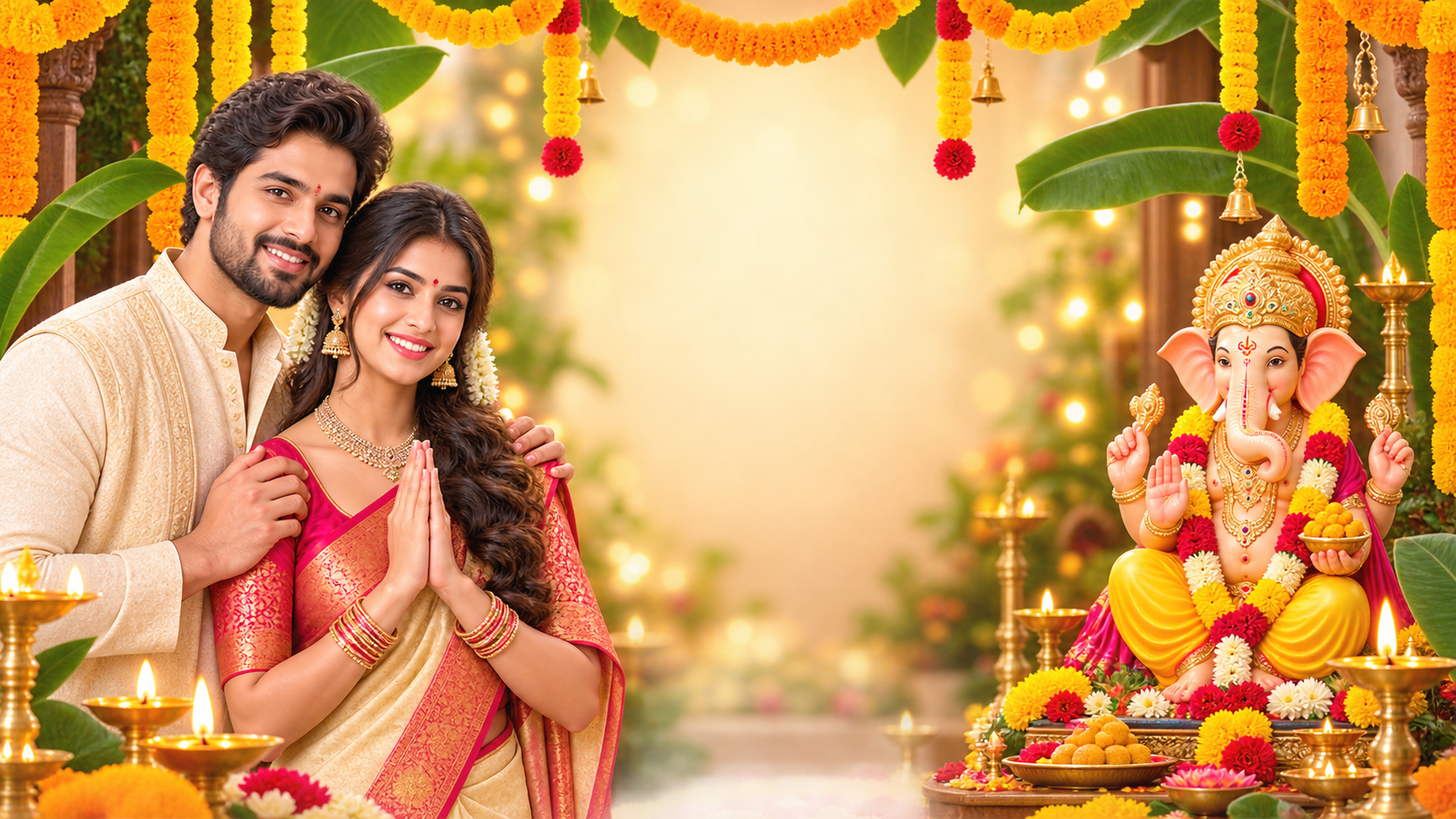 Ganesh Chaturthi couple prompt still image converted into video in Filmora
