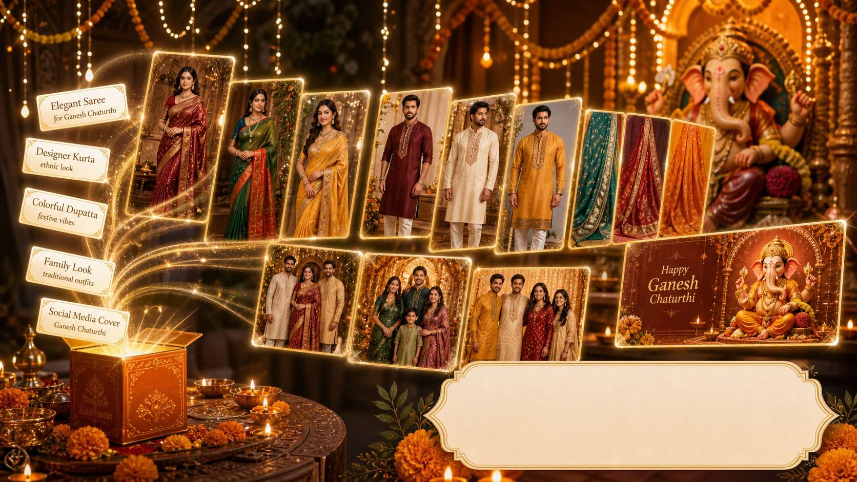 Filmora AI image generator creating Ganesh Chaturthi outfit prompt visuals