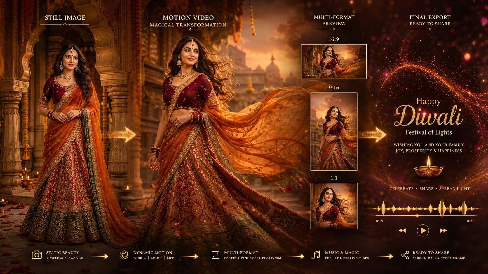 Ganesh Chaturthi outfit prompt still image converted into video in Filmora