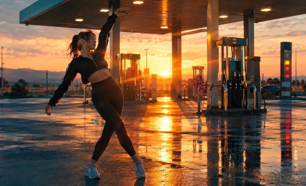Generate golden hour gas station dance backgrounds