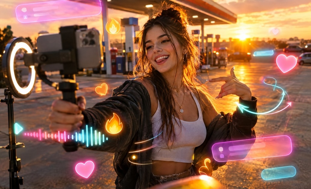 Add viral text and effects to gas station dance clips
