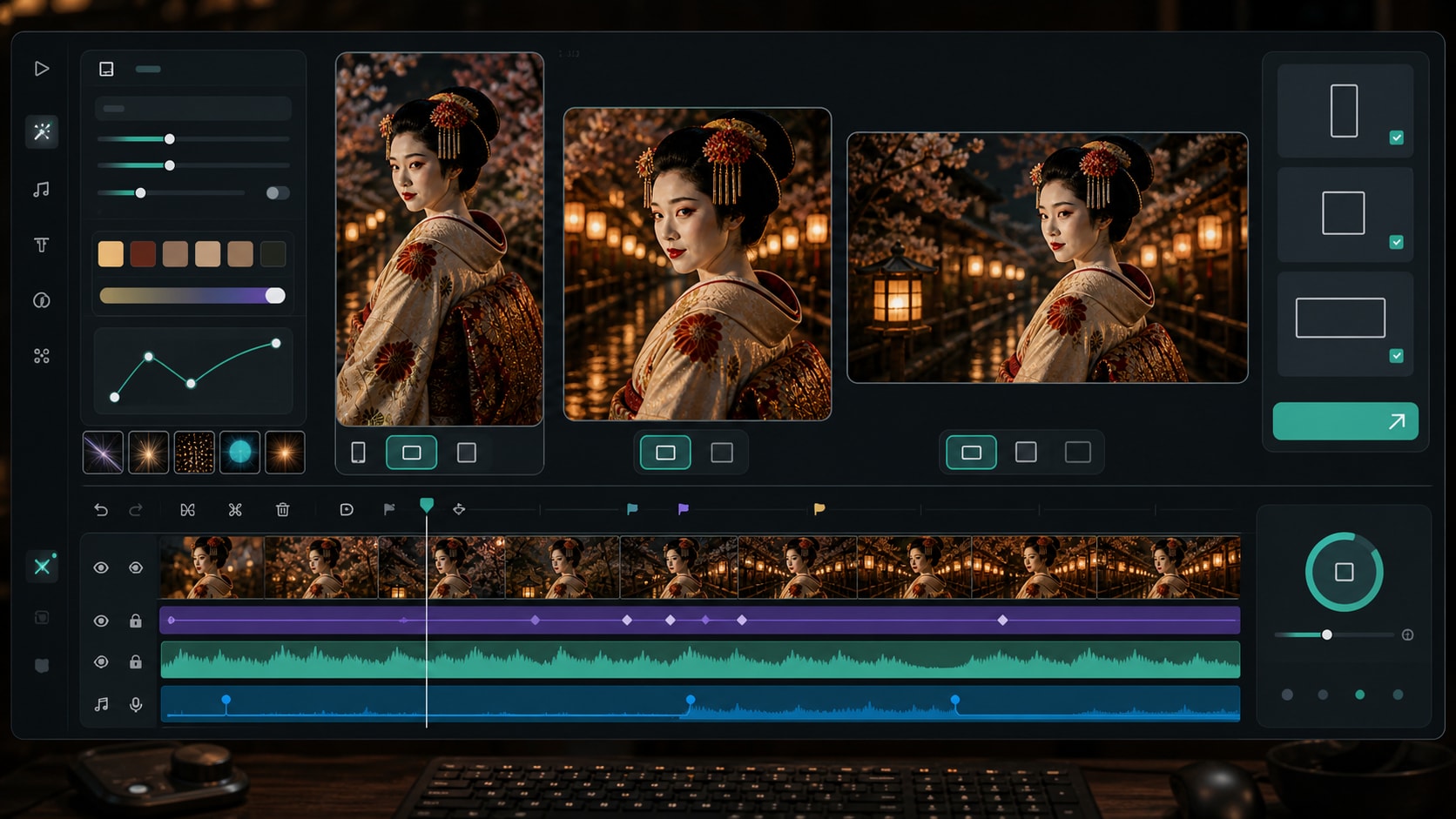 Finish geisha AI prompt visuals for vertical, square, and widescreen social edits