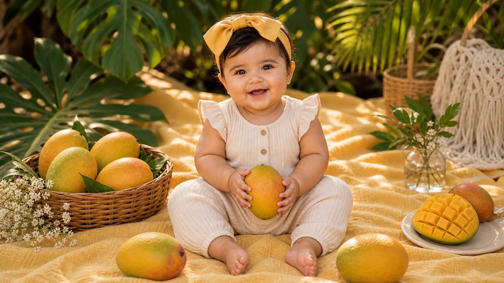 mango baby prompt feature with tropical portrait styling