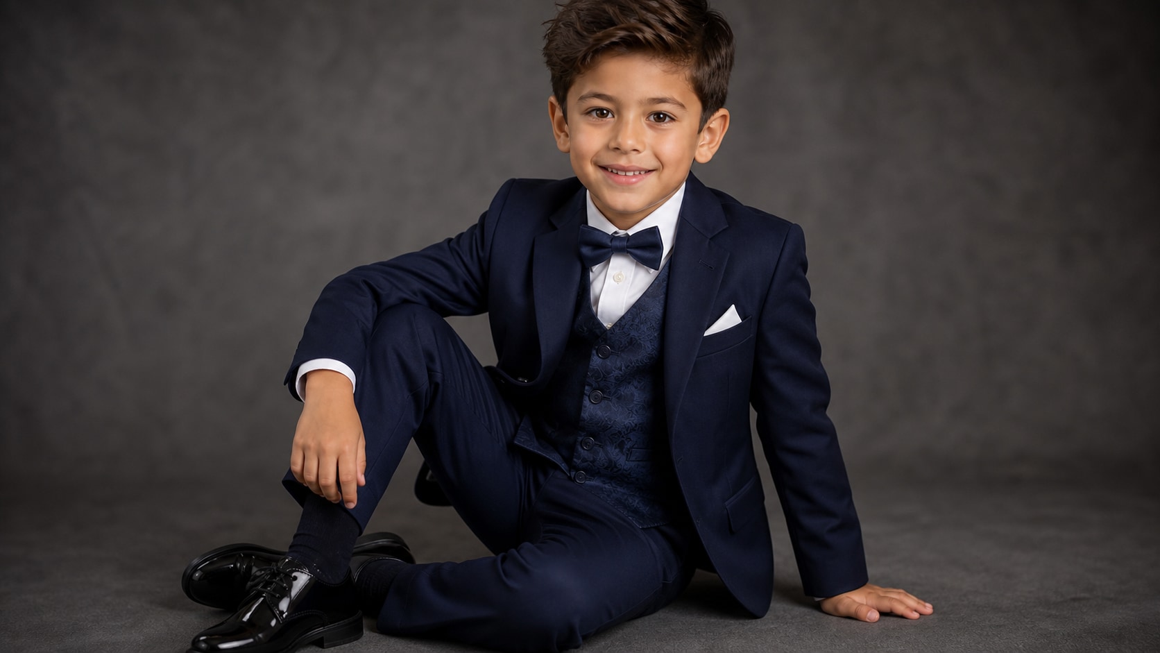 children three-piece suit prompt feature showing fabric and accessories