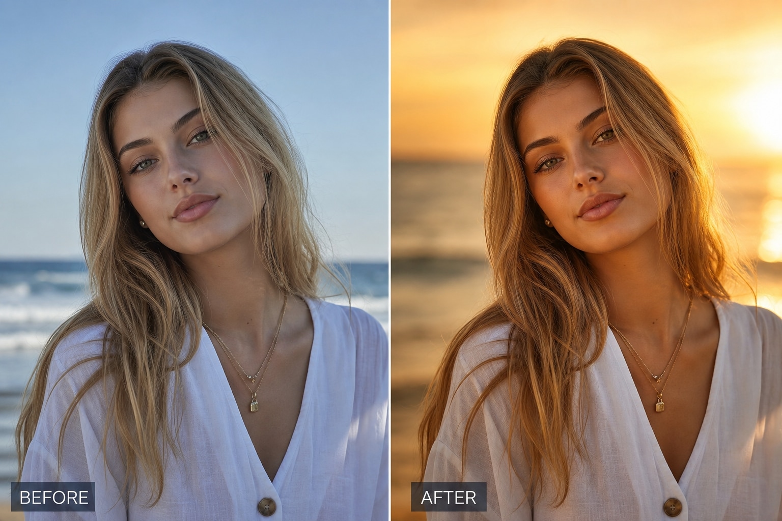 Generate flawless sun-kissed portraits with golden hour ai prompt