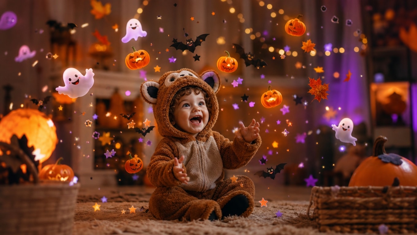 Add AI stickers and effects to kids superhero Halloween AI prompts