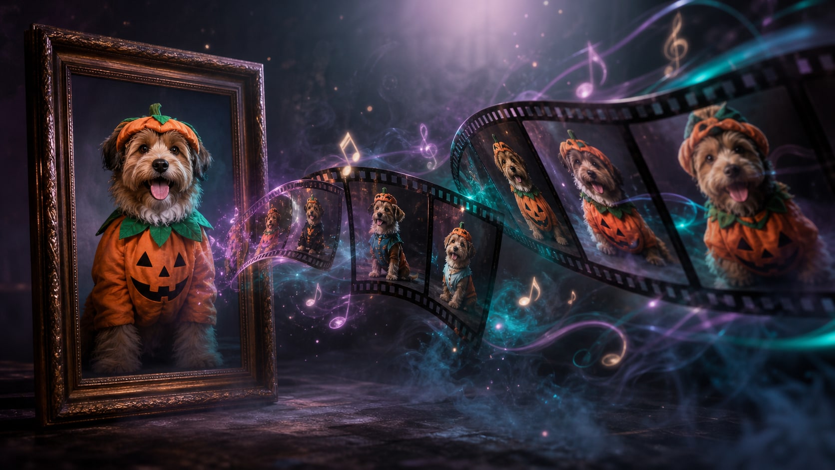 Conversión de una foto de mascota de Halloween en vídeo con IA