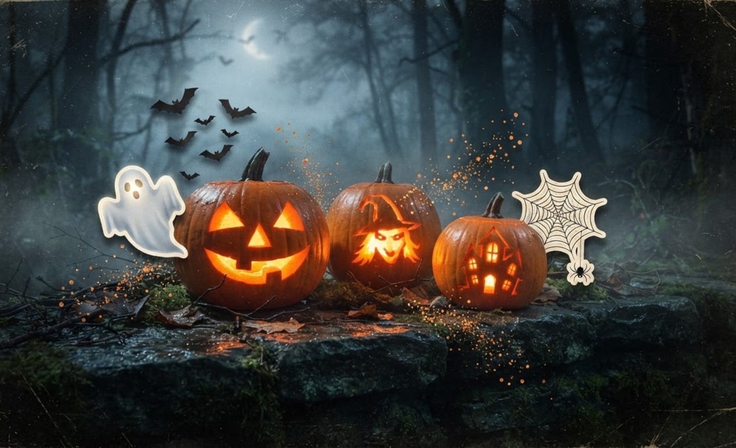 Add stickers to pictures of scary pumpkins