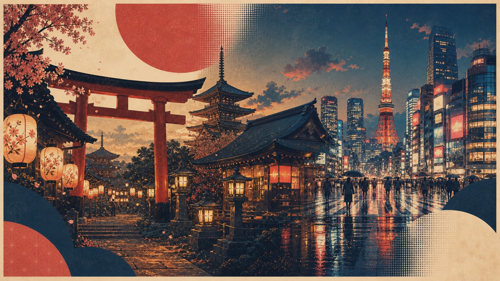 Japan travel poster mixing temple and neon city visuals