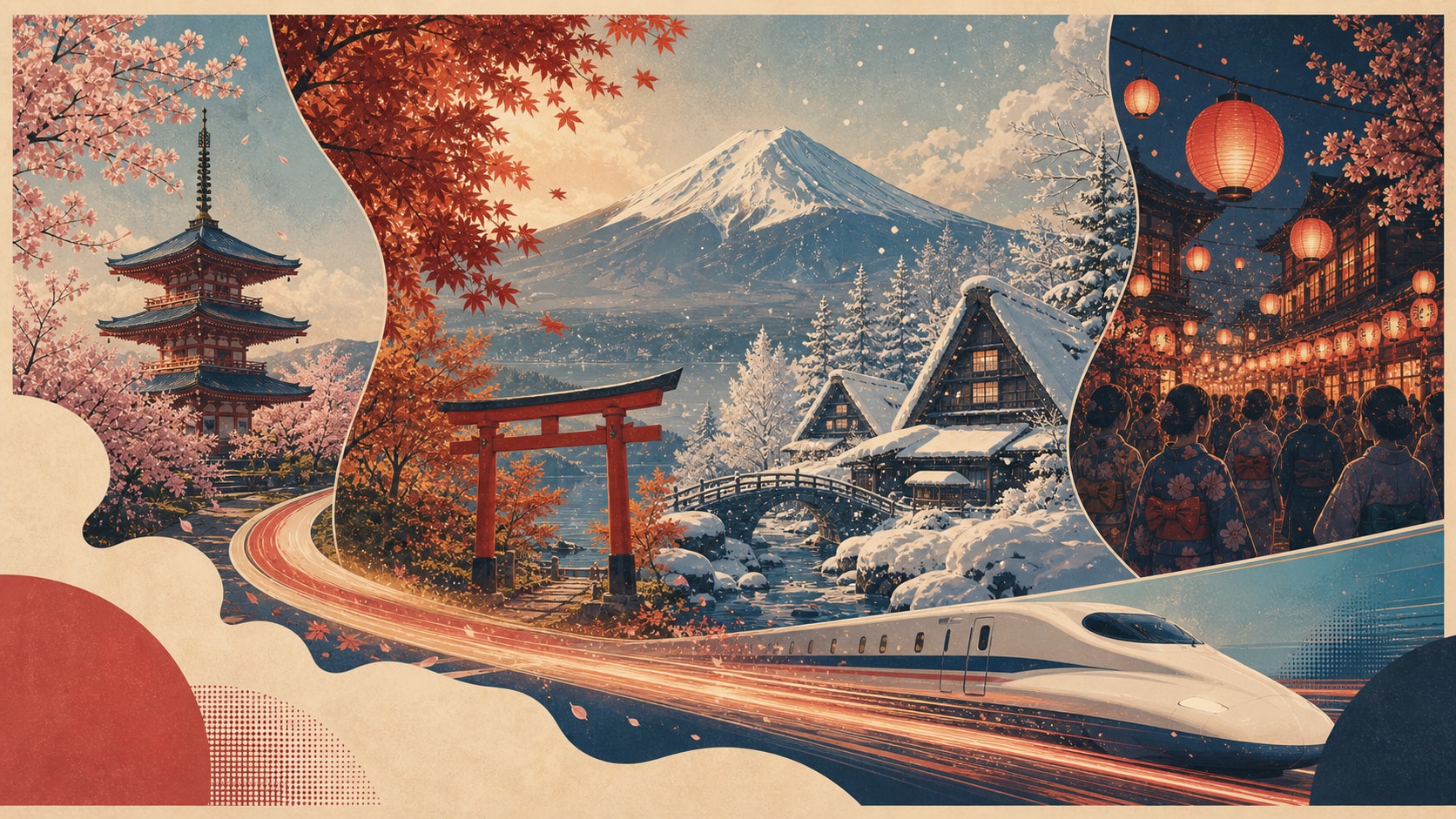 Seasonal Japan poster variations generated by AI