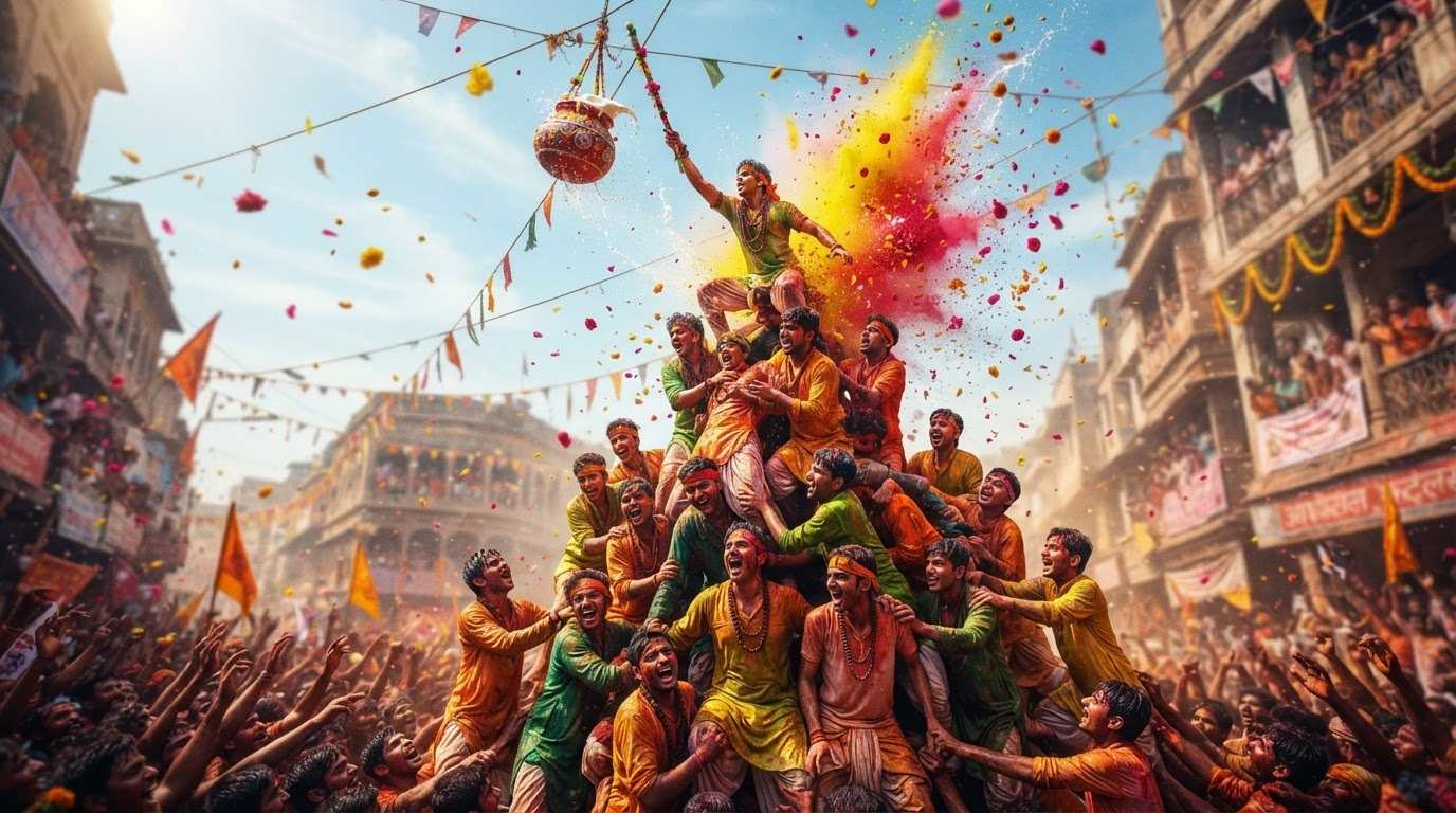Create vibrant Dahi Handi celebration scenes