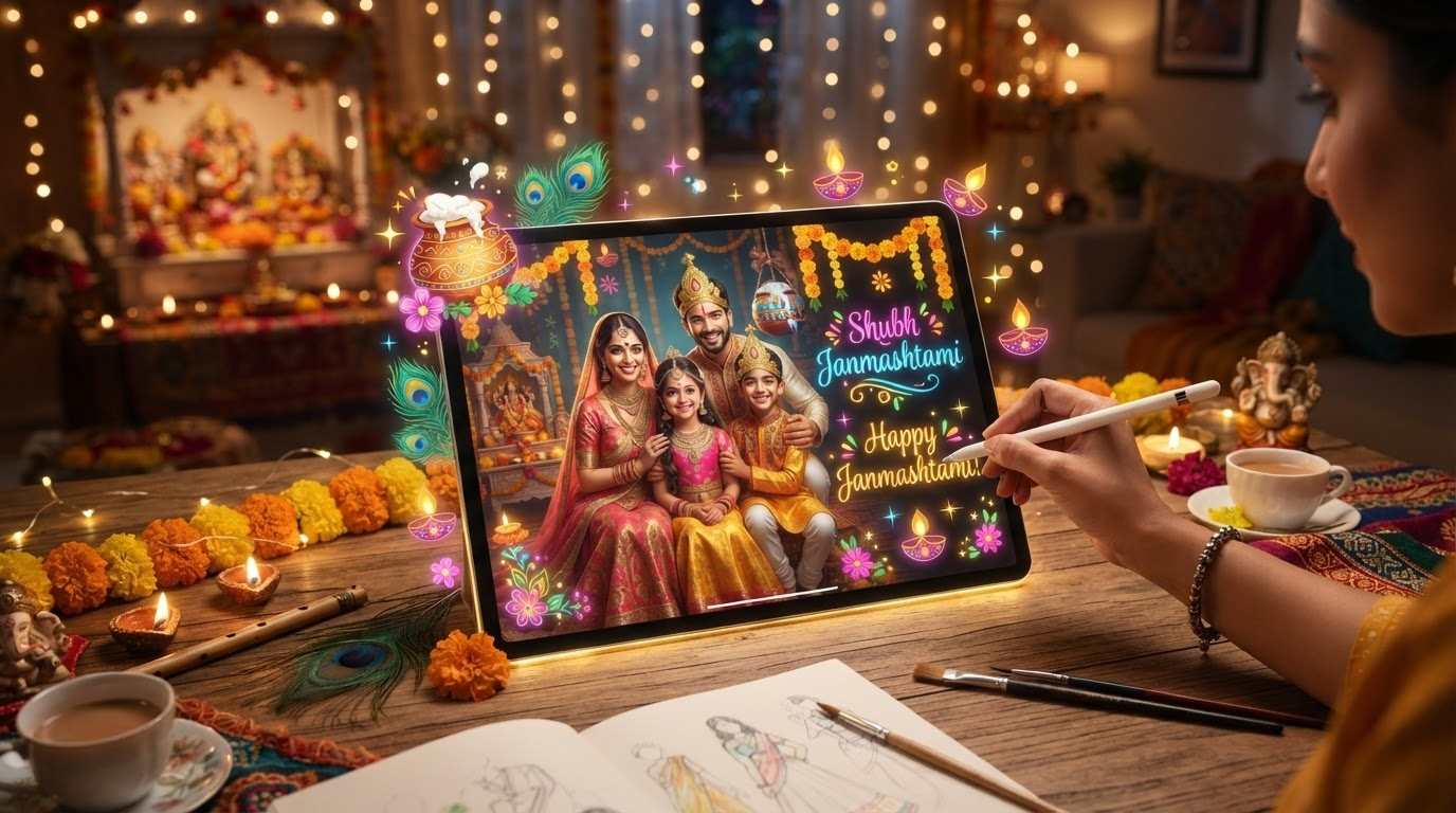 Enhance Krishna Janmashtami family photo prompt with AI tools