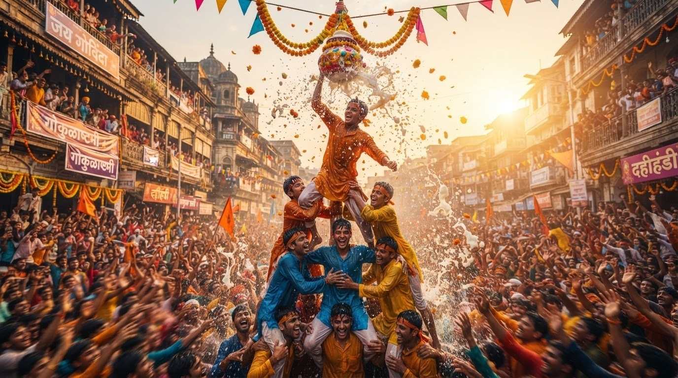 Generate Dahi Handi family prompt visuals