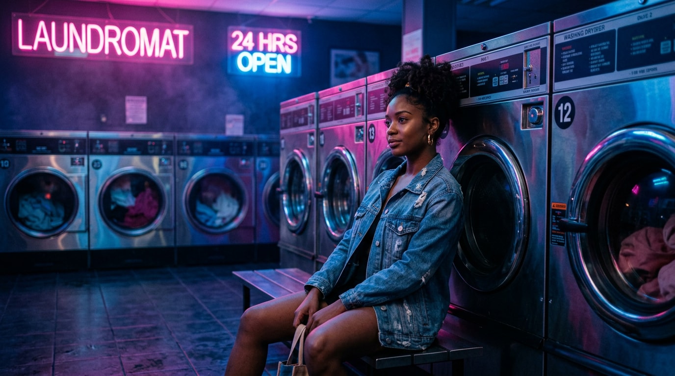 Master the cinematic lighting with an editorial laundromat portrait prompt