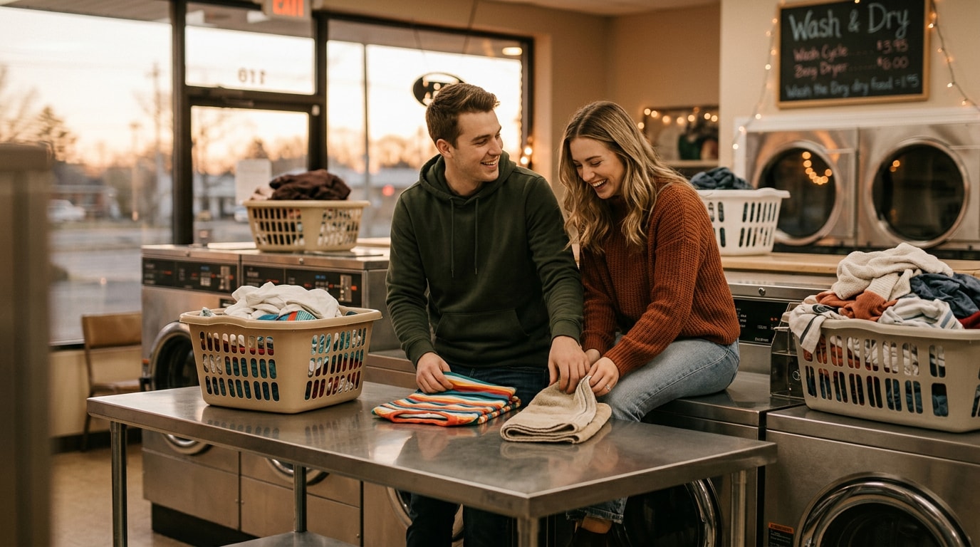 Create romantic scenes using a laundromat couple prompt