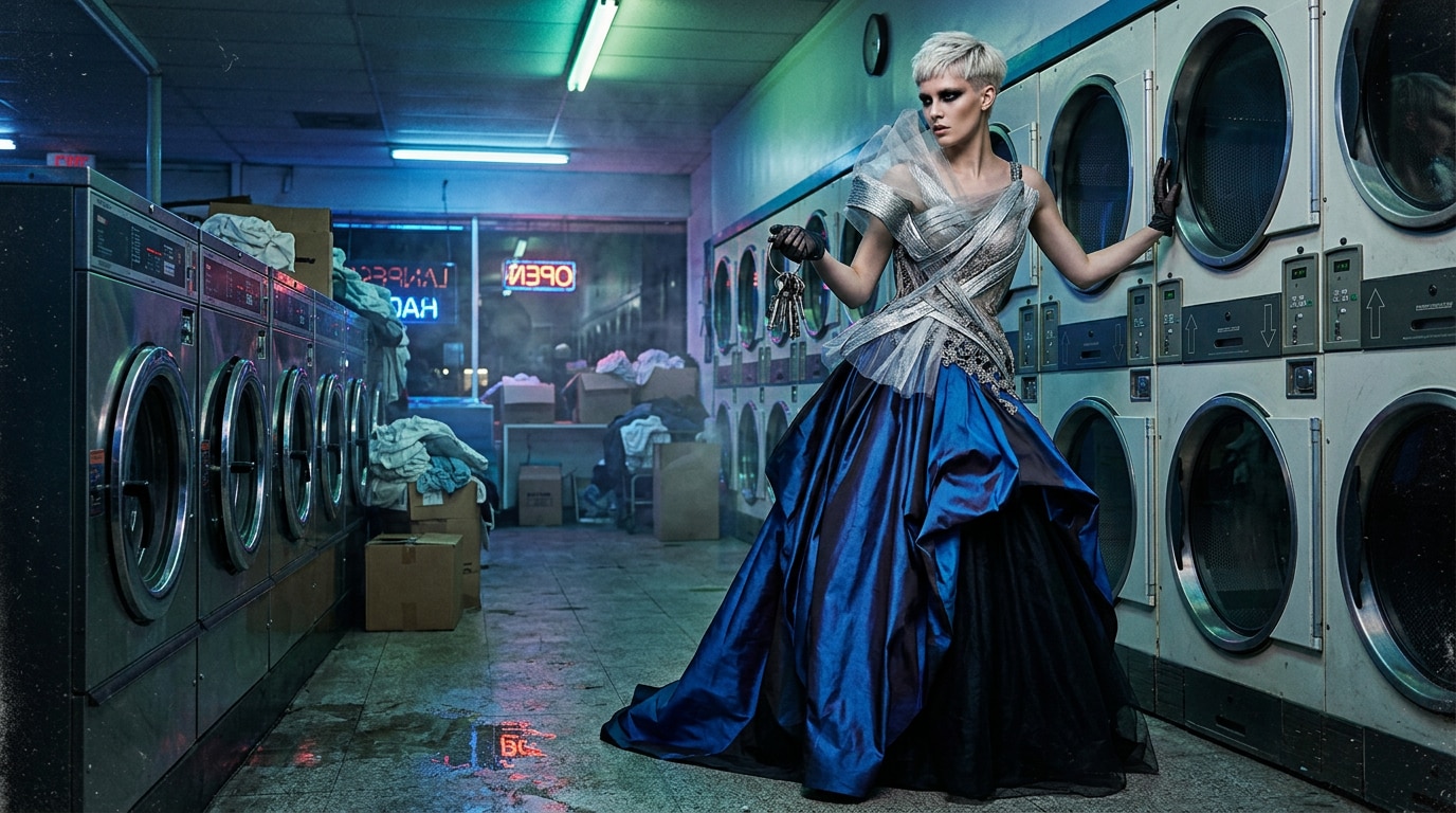 Design high-fashion art with an editorial laundromat portrait prompt