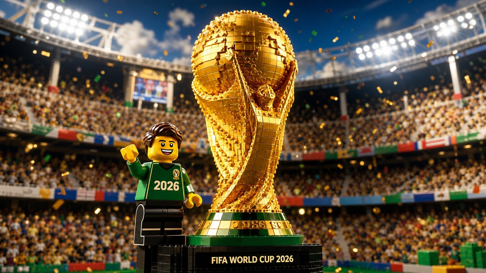 Generate golden LEGO World Cup trophy with AI