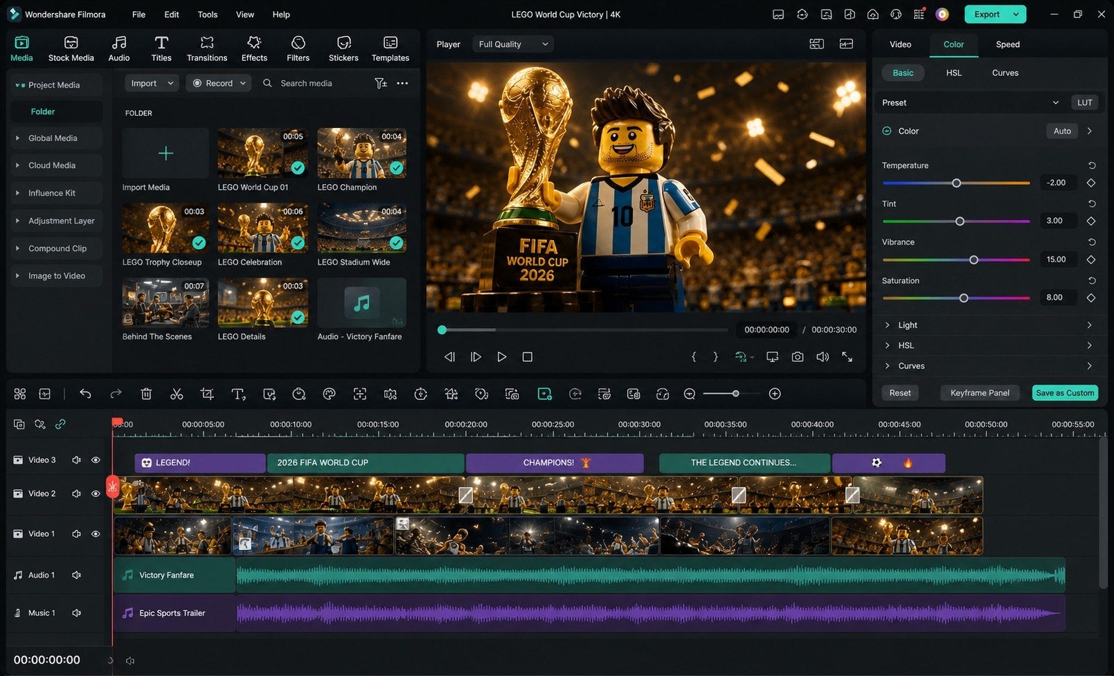 Animate LEGO World Cup AI images with Filmora video editing