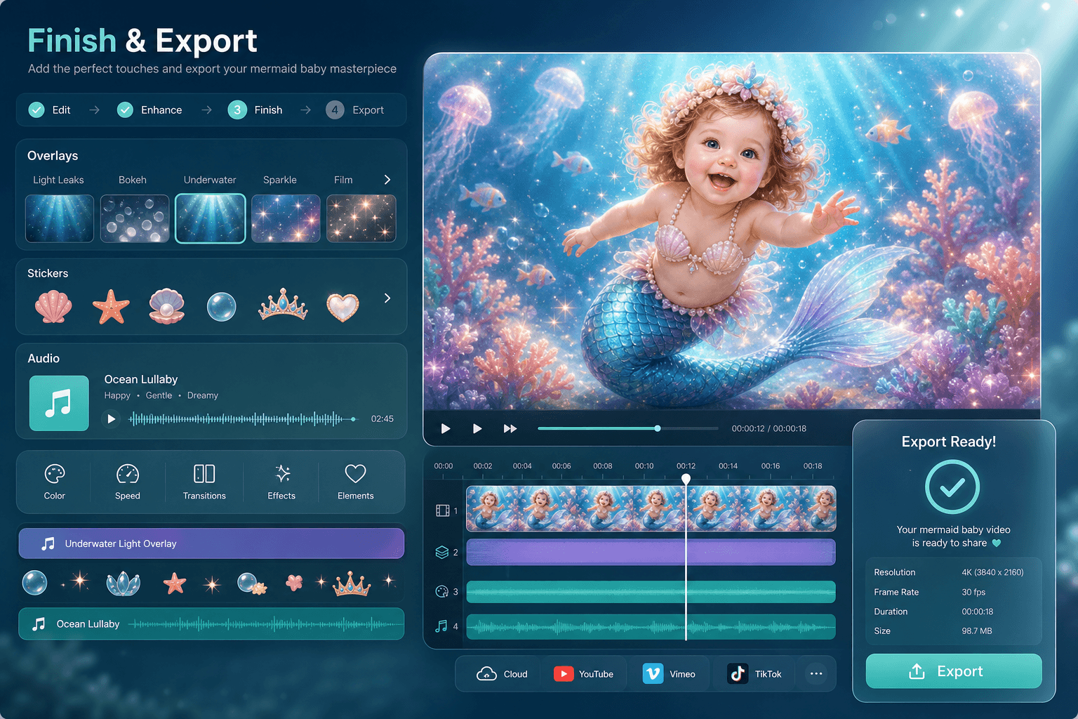 Filmora finishing workflow for mermaid baby assets