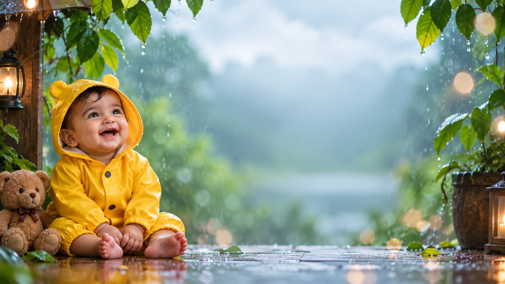 monsoon baby photoshoot prompt still image converted into video in Filmora