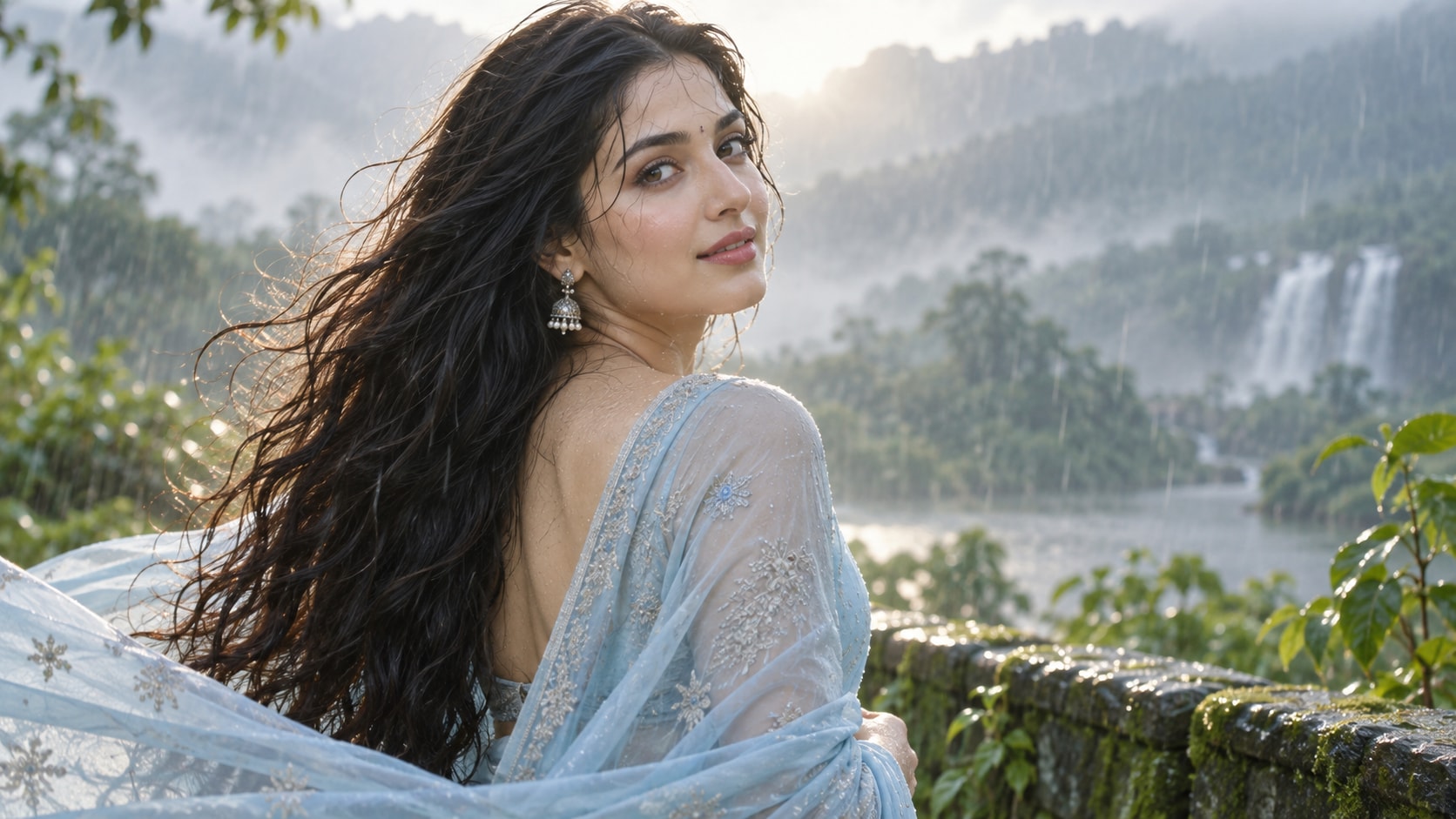 Filmora AI image generator creating monsoon female portrait prompt visuals