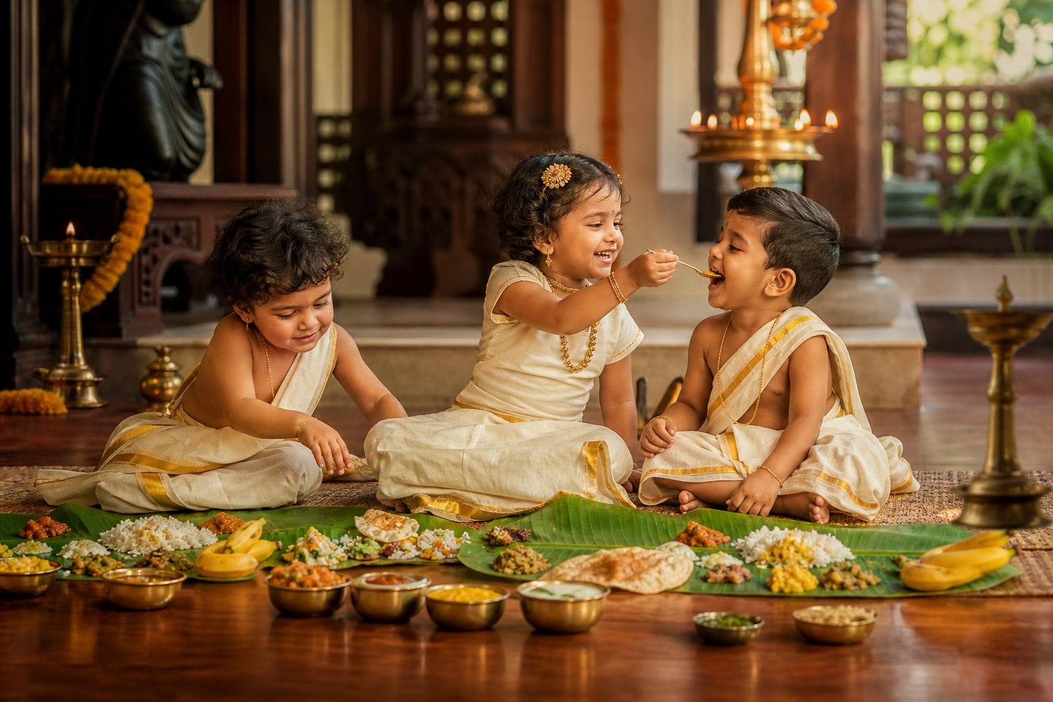 Kids enjoying Onam Sadhya feast AI portraits