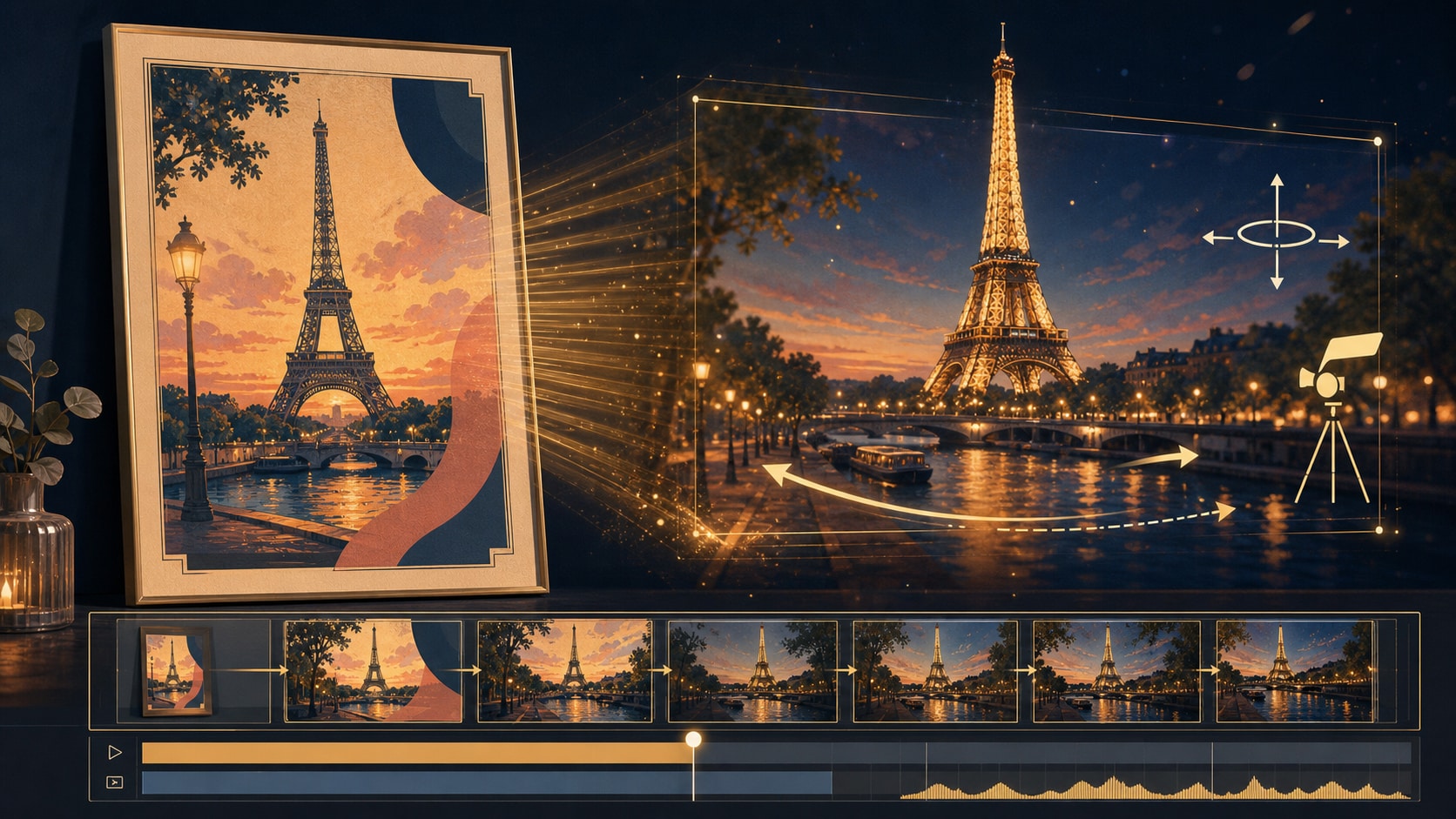 Paris travel poster animated into a video scene