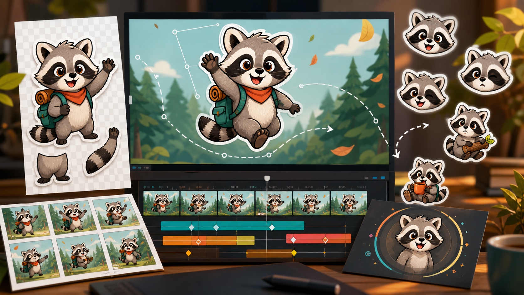 raccoon cartoon character animated into video asset