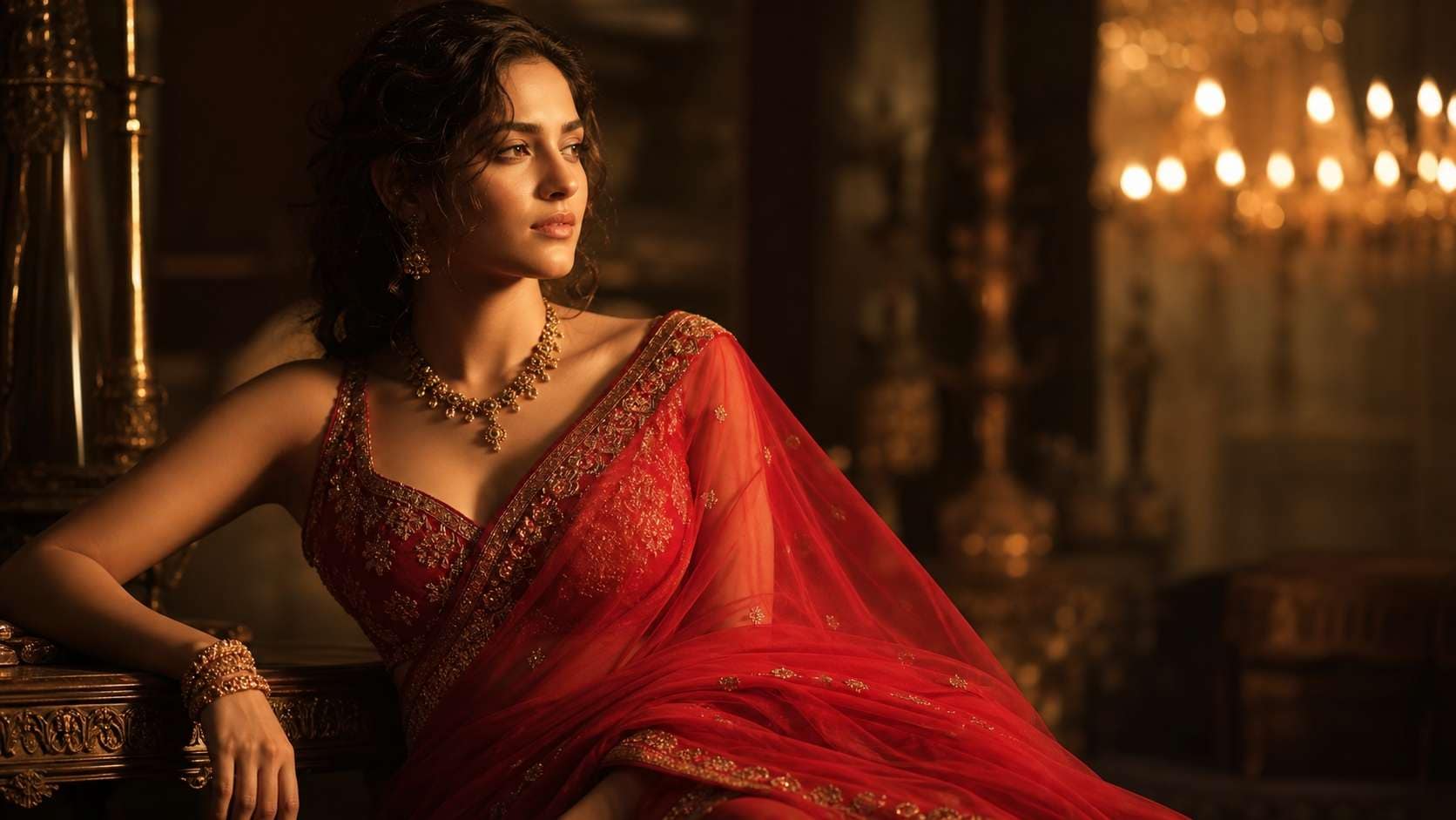 Generate cinematic red chiffon saree prompt portraits with Filmora