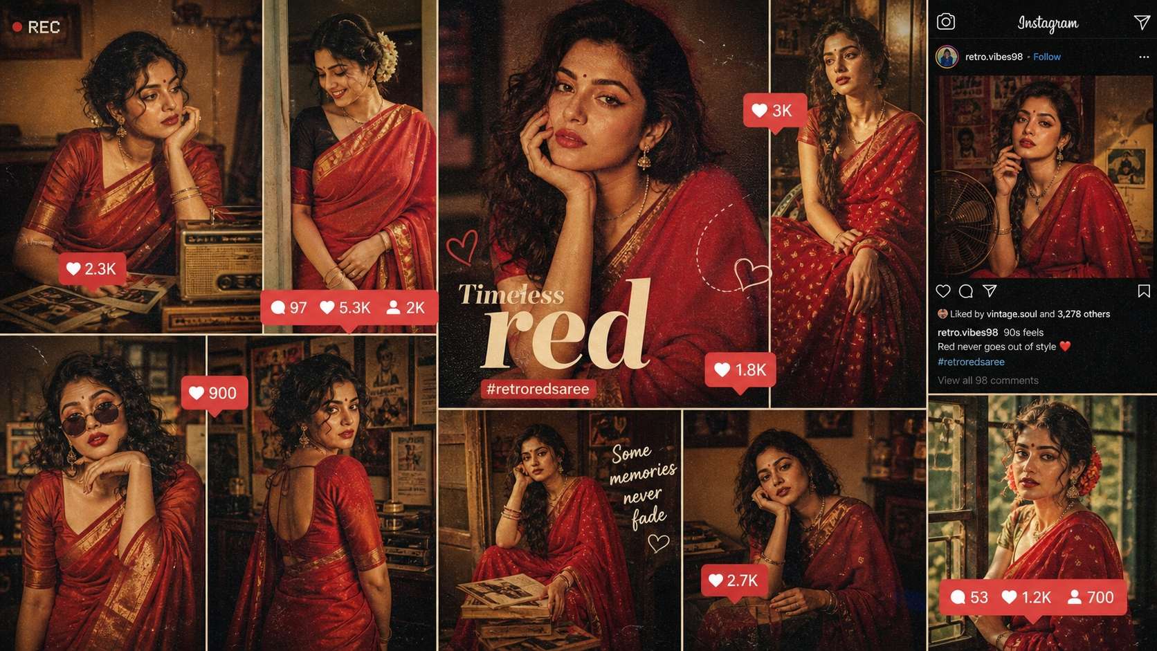 Create a trending red saree prompt look to go viral